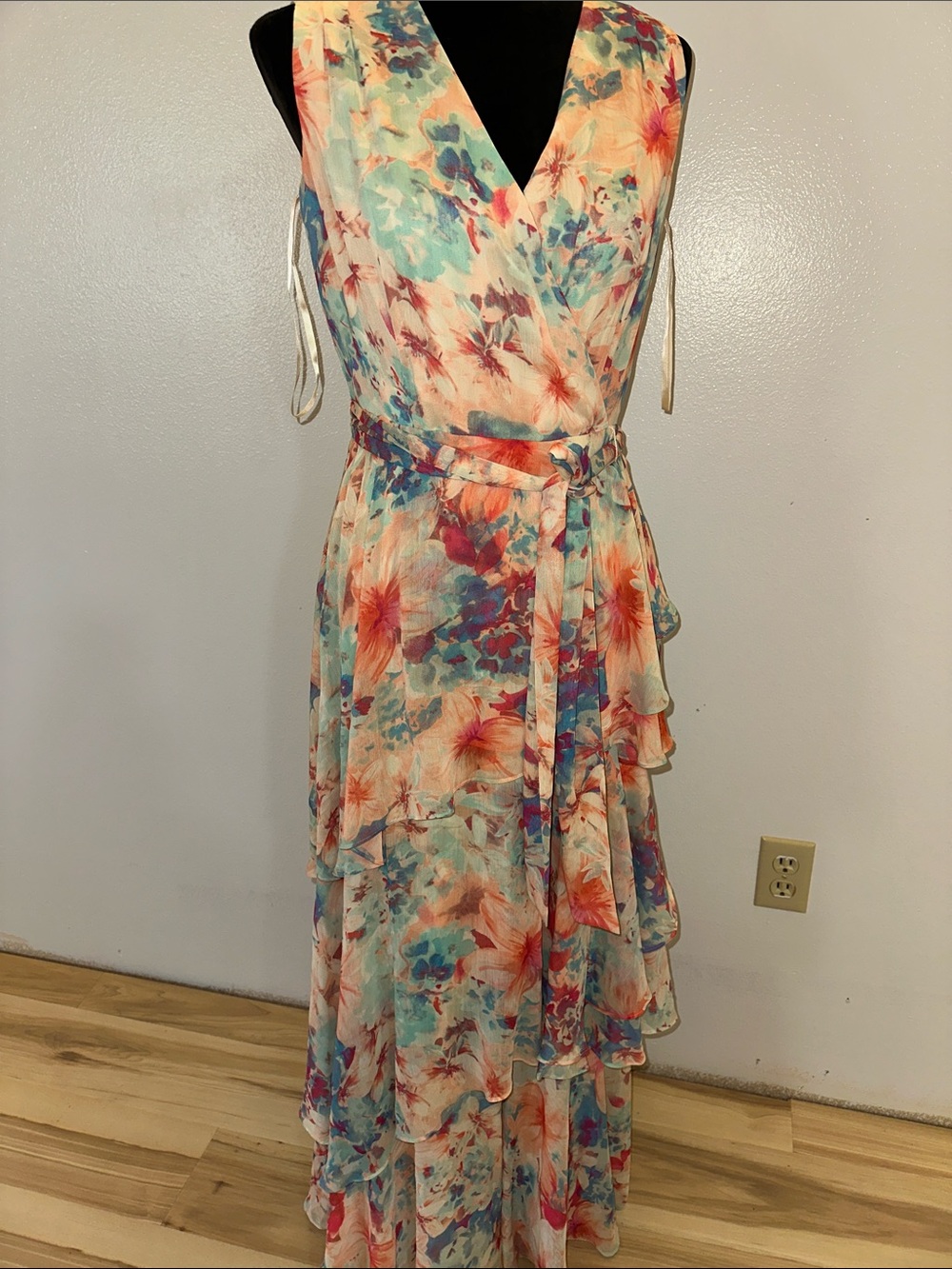 50% off Tahari Floral Tiered Wrap Maxi Dress in Pastel Blue, Coral, Cream - Picture 6 of 8